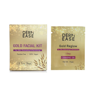 Derm Ease Gold Facial Kit and Gold Reglow cleansing gel on a white background Derm Ease Gold Facial Kit and Gold Reglow cleansing gel on a white background