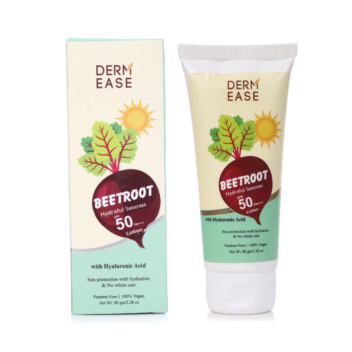 Derm Ease Beetroot sunscreen lotion with packaging on a white background