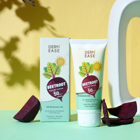 Derm Ease Beetroot sunscreen tube and packaging on a green and yellow background