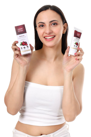 a woman holding beetroot face serum a woman holding beetroot face serum