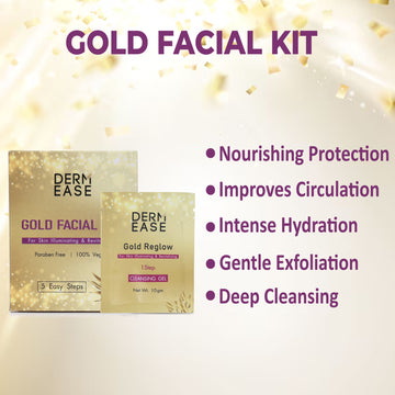 Gold facial kit packaging with product name and benefits on a sparkling background Gold facial kit packaging with product name and benefits on a sparkling background