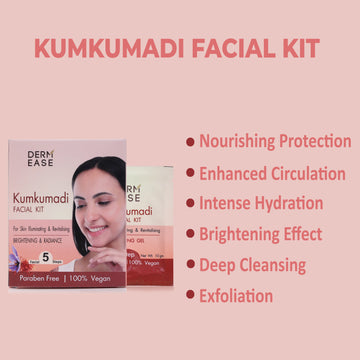 Kumkumadi Facial Kit packaging with product features on a pink background Kumkumadi Facial Kit packaging with product features on a pink background