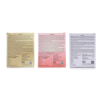 Three rectangular product packaging boxes with text on a white background Three rectangular product packaging boxes with text on a white background