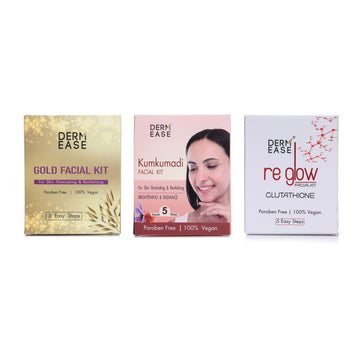 Three Derm Ease facial kit boxes on a white background Three Derm Ease facial kit boxes on a white background