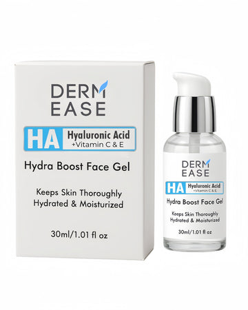 DermEase Hydra Boost Face Gel packaging with bottle on a white background DermEase Hydra Boost Face Gel packaging with bottle on a white background