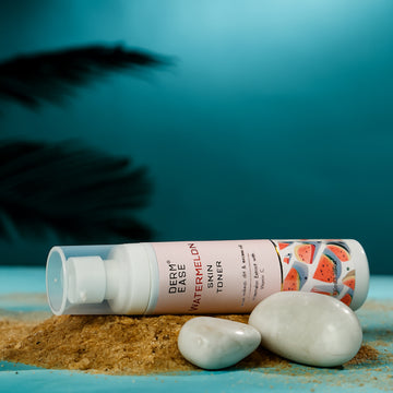 Derm Eaze Watermelon Skin Toner bottle on a blue background with decorative elements. Derm Eaze Watermelon Skin Toner bottle on a blue background with decorative elements.