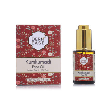 DermEase Kumkumadi Face Oil packaging with red floral design on a white background DermEase Kumkumadi Face Oil packaging with red floral design on a white background