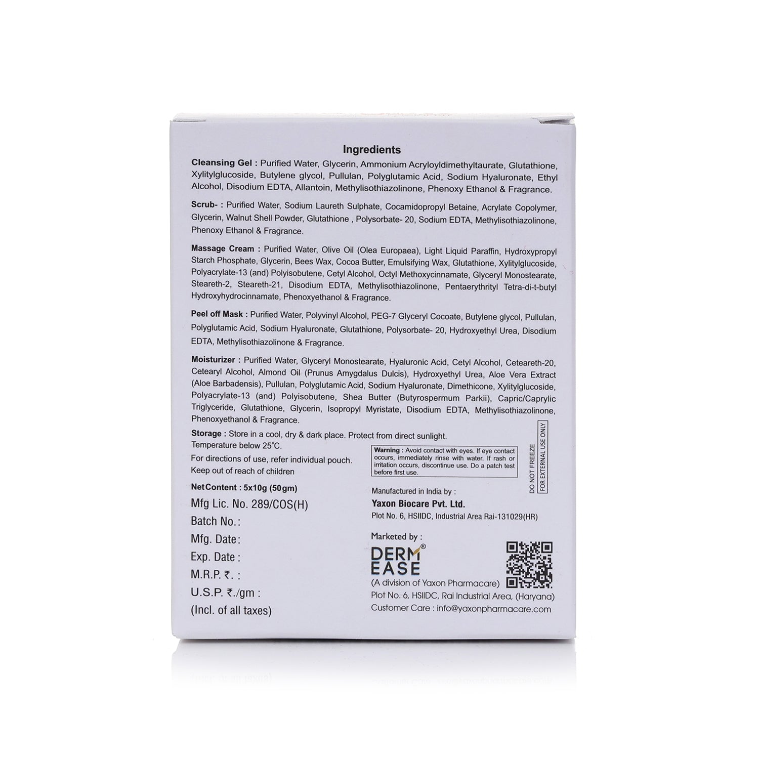 Back of a skincare product packaging with ingredient list and branding details.