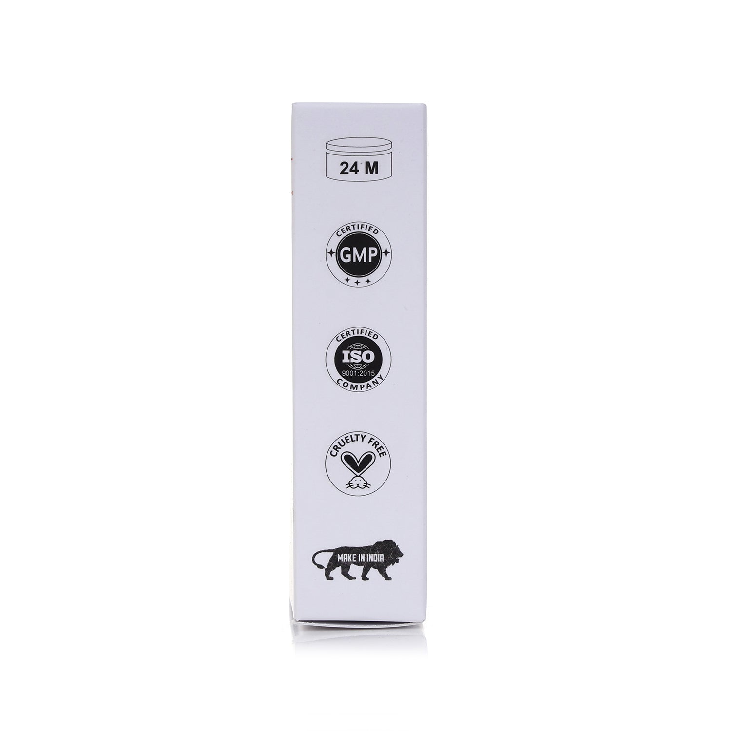 White packaging box with black logos and text on a white background