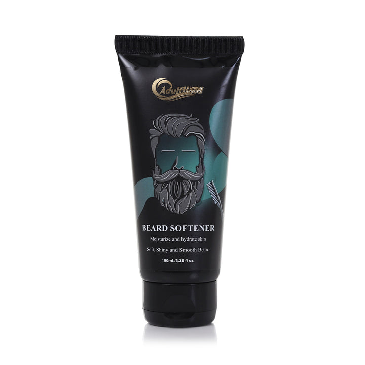 Beard softener tube with branding and product description on a white background