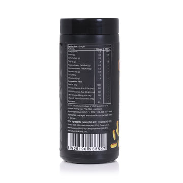 Black supplement container with nutritional information on a white background Black supplement container with nutritional information on a white background