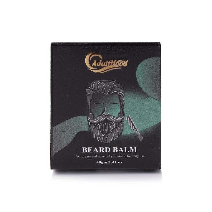 Box of Adultthood Beard Balm with a beard and comb illustration on a white background