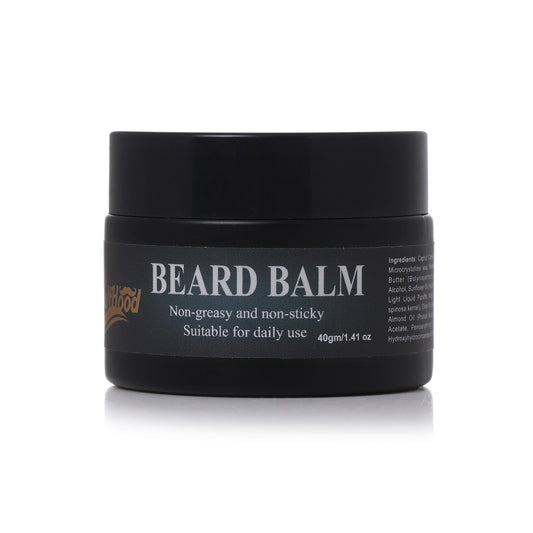 Black jar of beard balm with white text on a white background