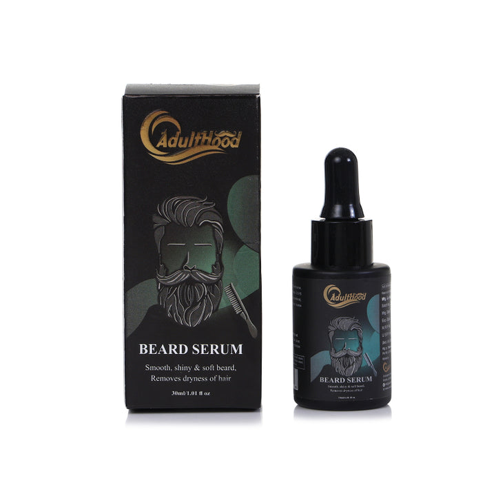 Beard serum packaging with dropper bottle and box on a white background