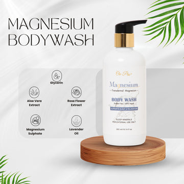 Magnesium body wash bottle with ingredients listed on a white background Magnesium body wash bottle with ingredients listed on a white background