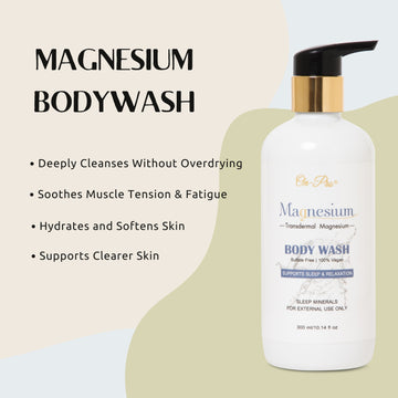 Bottle of magnesium body wash with product details on a light background Bottle of magnesium body wash with product details on a light background
