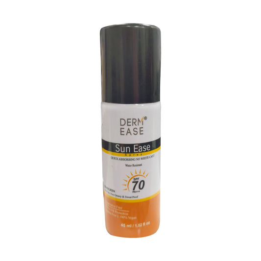 A bottle of DERMEASE Sun Ease SPF 70 Sunscreen Spray, which is designed for high-level protection against UVA and UVB rays. The bottle is white with orange and black accents and has a pump dispenser.