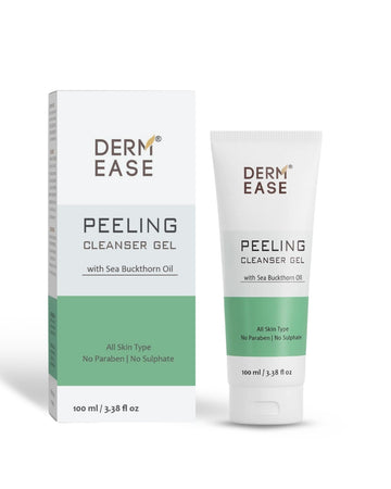 Derm Ease Peeling Cleanser Gel packaging and tube on a white background Derm Ease Peeling Cleanser Gel packaging and tube on a white background
