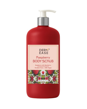 Red bottle of Derm Ease Raspberry Body Scrub on a white background Red bottle of Derm Ease Raspberry Body Scrub on a white background