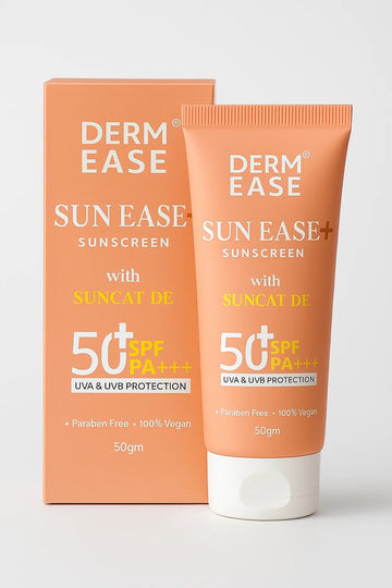Derm Ease Sun Ease sunscreen tube and packaging on a white background Derm Ease Sun Ease sunscreen tube and packaging on a white background