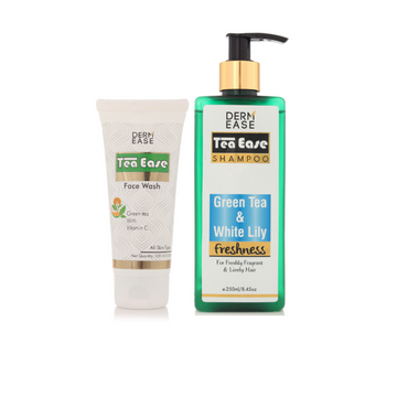 The image shows two products, a tube labeled 'Tea Ease Face Wash' and a pump bottle labeled 'Derm Ease Shampoo' with text indicating green tea and white lily freshness. The image shows two products, a tube labeled 'Tea Ease Face Wash' and a pump bottle labeled 'Derm Ease Shampoo' with text indicating green tea and white lily freshness.