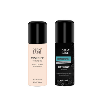 Two bottles of Derm Ease deodorant, one labeled 'Mischief' for women and the other 'Park Body Spray' for men, both with black caps and labels. Two bottles of Derm Ease deodorant, one labeled 'Mischief' for women and the other 'Park Body Spray' for men, both with black caps and labels.