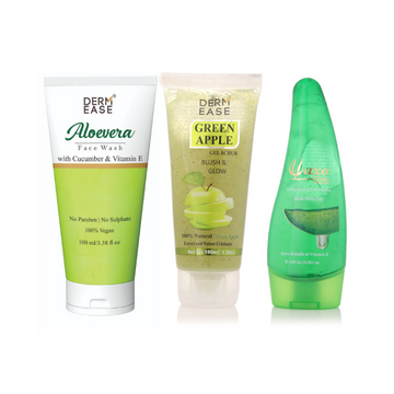 Three bottles of Dermease skin care products, including Aloe Vera Facewash, Green Apple Gel Scrub, and Aloe Vera Gel, arranged side by side against a white background. Three bottles of Dermease skin care products, including Aloe Vera Facewash, Green Apple Gel Scrub, and Aloe Vera Gel, arranged side by side against a white background.
