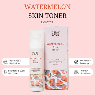 DermEase Watermelon Skin Toner packaging with benefits listed on a pink background DermEase Watermelon Skin Toner packaging with benefits listed on a pink background