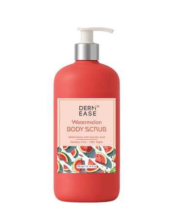 Red bottle of Derm Ease Watermelon Body Scrub on a white background Red bottle of Derm Ease Watermelon Body Scrub on a white background