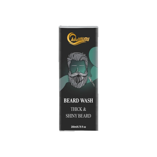 A bottle of beard wash with a label featuring a graphic of a bearded man and text indicating the product is for 'THICK & SHINY BEARD'.
