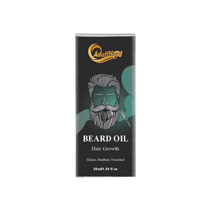 A bottle of Adulthood brand beard oil with a label featuring an illustration of a bearded man. The packaging is black with gold and green accents.