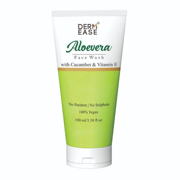 A tube of Derm Ease Aloe Vera Face Wash with cucumber and vitamin E, indicating no parabens or sulphate, 100% vegan. A tube of Derm Ease Aloe Vera Face Wash with cucumber and vitamin E, indicating no parabens or sulphate, 100% vegan.