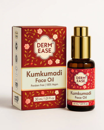 Derm Ease Kumkumadi Face Oil bottle and packaging on a white background Derm Ease Kumkumadi Face Oil bottle and packaging on a white background