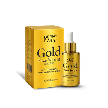 Derm Ease Gold Face Serum packaging with dropper bottle on a white background Derm Ease Gold Face Serum packaging with dropper bottle on a white background