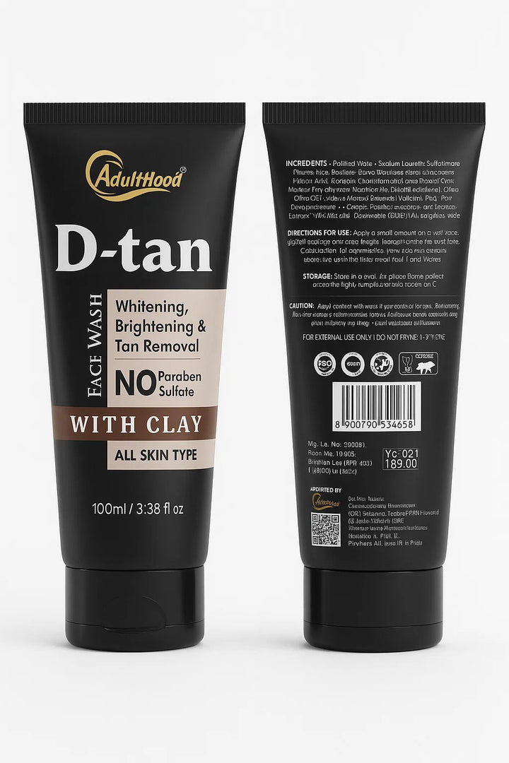 Two black tubes of D-tan Face Wash with labels on a white background