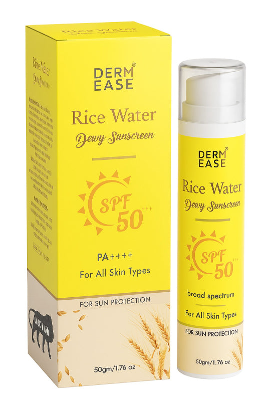 DermEase Rice Water Dewy Sunscreen SPF 50 with packaging on a white background