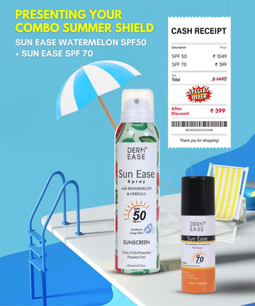 Two bottles of Derm Ease sunscreen spray with a cash receipt on a blue background Two bottles of Derm Ease sunscreen spray with a cash receipt on a blue background