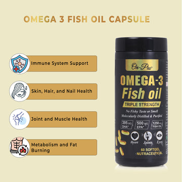 Omega-3 fish oil capsule container with health benefits on a beige background Omega-3 fish oil capsule container with health benefits on a beige background