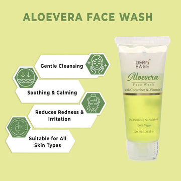 Derm Ease Aloe vera face wash tube with benefits on a light green background Derm Ease Aloe vera face wash tube with benefits on a light green background