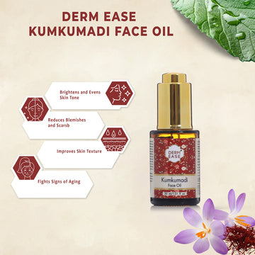 Derm Ease Kumkumadi Face Oil with benefits on a beige background Derm Ease Kumkumadi Face Oil with benefits on a beige background