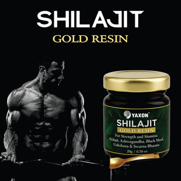 Yaxon Shilajit Gold Resin jar with a muscular figure on a black background