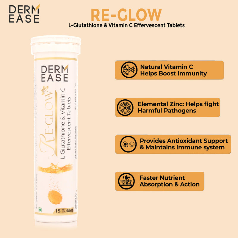 RE-GLOW 'L' Glutathione & Vitamin 'C' Tablets - Radiance & Skin Health Supplement - Dermease Store RE-GLOW 'L' Glutathione & Vitamin 'C' Tablets - Radiance & Skin Health Supplement - Dermease Store
