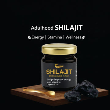Jar of Shilajit resin with text on a black background