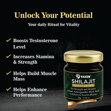 Yaxon Shilajit Gold Resin jar with promotional text on a dark background