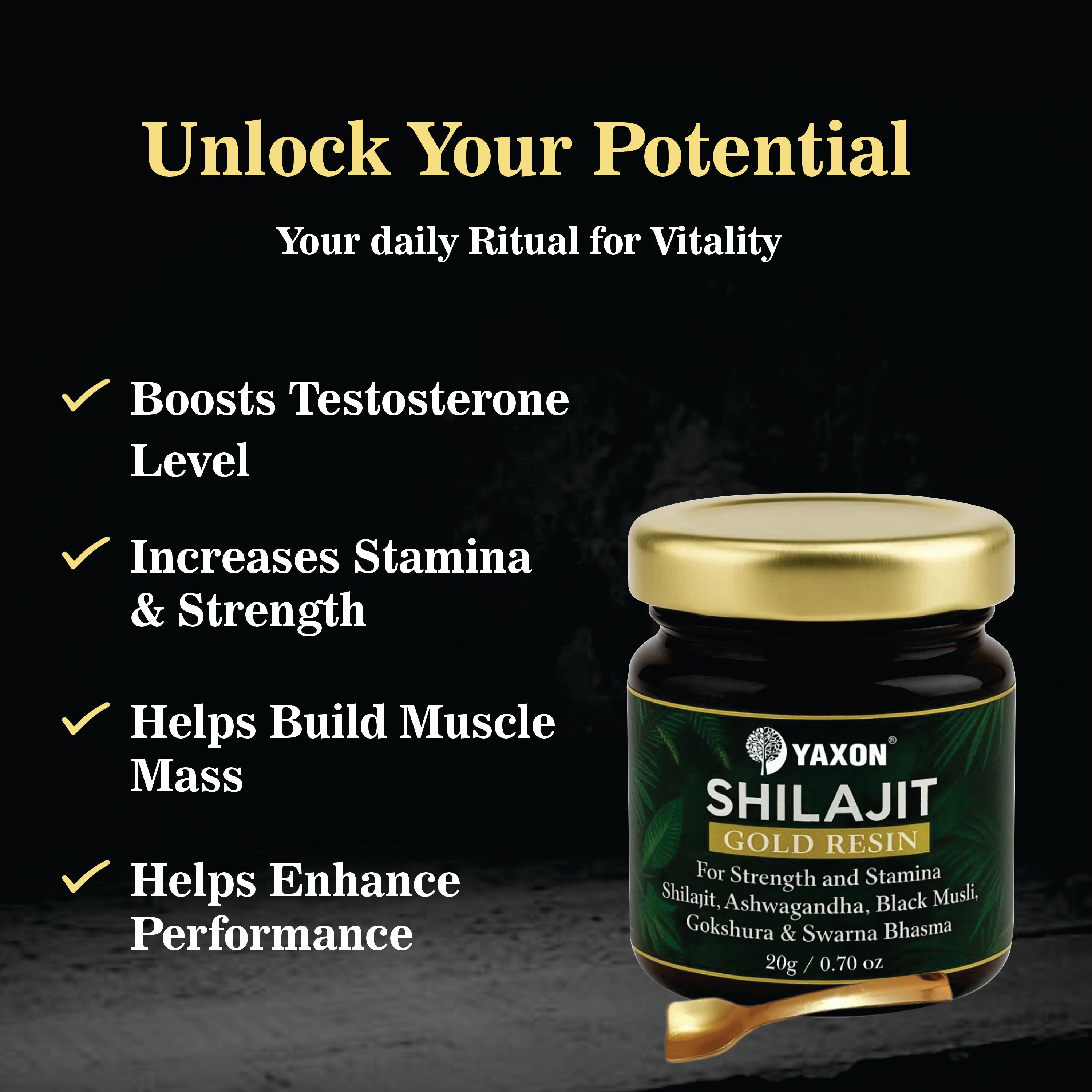 Yaxon Shilajit Gold Resin jar with promotional text on a dark background