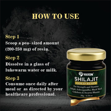Yaxon Shilajit Gold Resin jar with usage instructions on a dark background