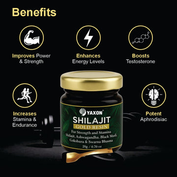 Yaxon Shilajit Gold Resin jar with benefits listed on a dark background
