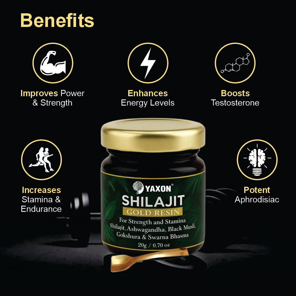 Yaxon Shilajit Gold Resin jar with benefits listed on a dark background