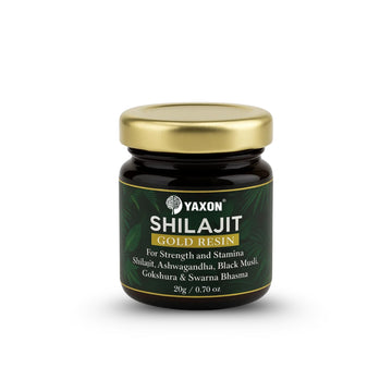 Yaxon Shilajit Gold Resin jar with gold lid on a white background