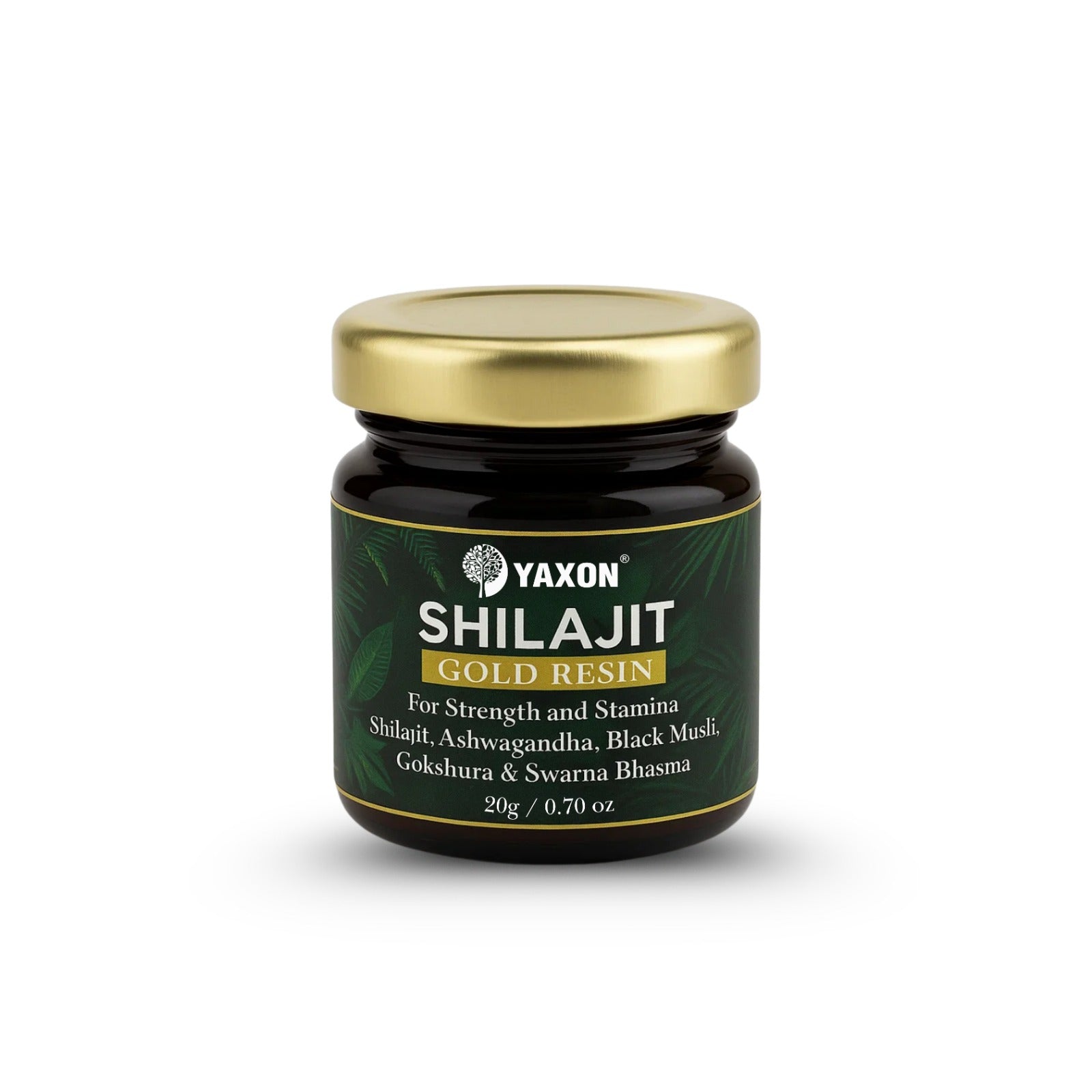 Yaxon Shilajit Gold Resin jar with gold lid on a white background